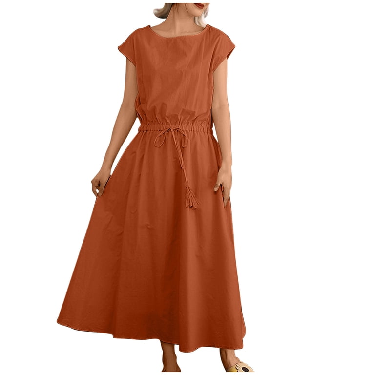 Diufon Cotton Linen Dresses for Women Elastic Waist Drawstring A-Line Dress  Crewneck Cap Sleeve Dress