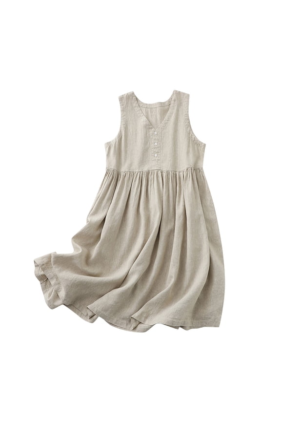 Cotton Linen Dresses for Women R V Neck Sleeveless Button Dresses Solid Color Trendy Pleated Dresses