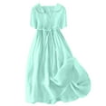 thumbnail image 1 of Diufon Cotton Linen Dresses for Women Solid Color Lace-Up Waist Pleated Dress V Neck Short Sleeve Dress, 1 of 4
