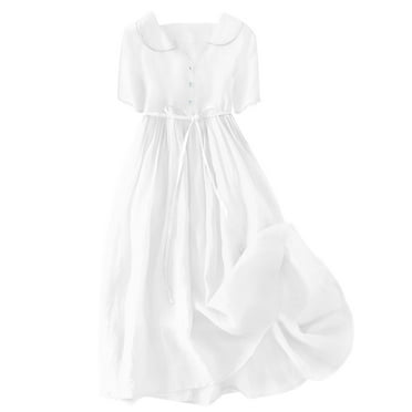 Diufon Cotton Linen Dresses for Women Solid Color Lace-Up Waist Pleated Dress V Neck Short Sleeve Dress