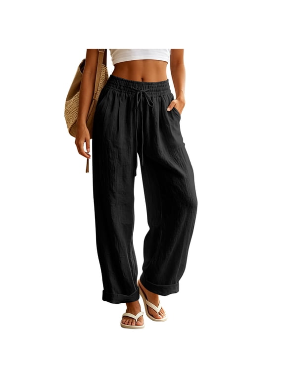 Cotton Linen Pants Women Drawstring Waist Summer Palazzo Pants Flowy Wide Leg Beach Trousers with Pockets