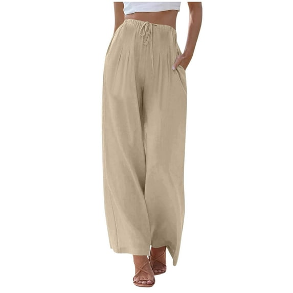 Diufon Cotton Linen Pants Women Drawstring Waist Summer Palazzo Pants Flowy Wide Leg Beach Trousers with Pockets
