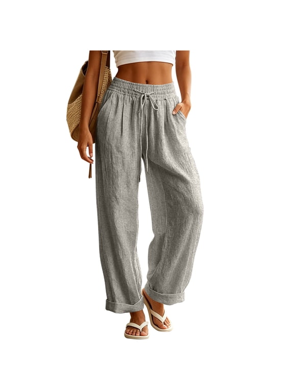 Cotton Linen Pants Women Drawstring Waist Summer Palazzo Pants Flowy Wide Leg Beach Trousers with Pockets