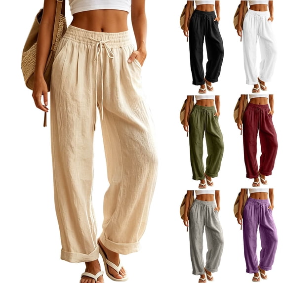 Diufon Cotton Linen Pants Women Drawstring Waist Summer Palazzo Pants Flowy Wide Leg Beach Trousers with Pockets