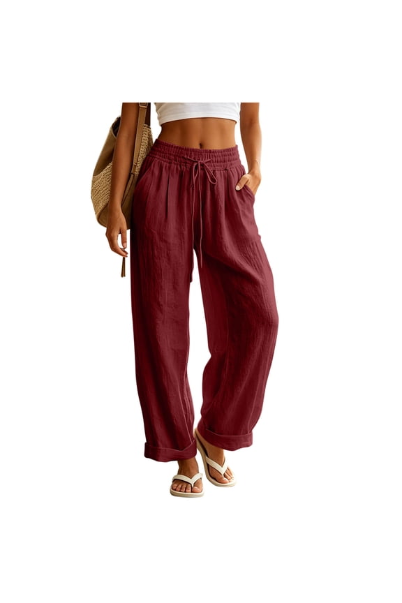 Cotton Linen Pants Women Drawstring Waist Summer Palazzo Pants Flowy Wide Leg Beach Trousers with Pockets