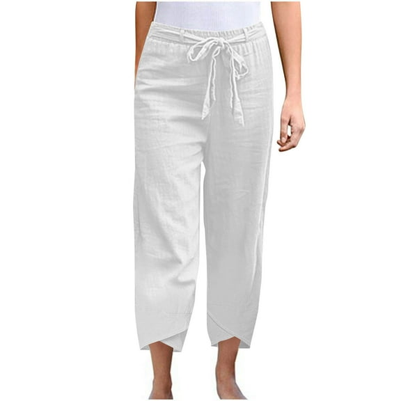 Diufon Cotton Linen Pants Women Summer Casual Drawstring Elastic Waist Straight Leg Capris Solid Color Loose Pant