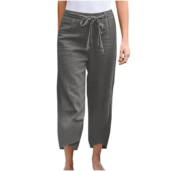 Diufon Cotton Linen Pants Women Summer Casual Drawstring Elastic Waist Straight Leg Capris Solid Color Loose Pant