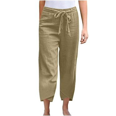 Diufon Cotton Linen Pants Women Summer Casual Drawstring Elastic Waist Straight Leg Capris Solid Color Loose Pant