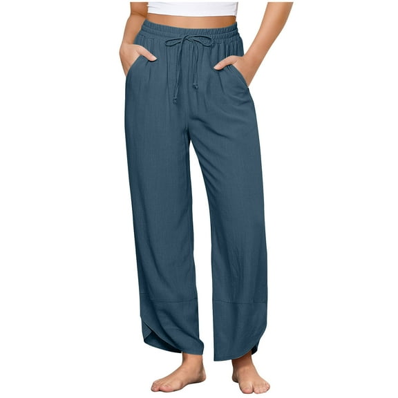 Diufon Cotton Linen Pants Women Summer Casual Drawstring Waist Pant Straight Leg Cropped Trouser with Pockets