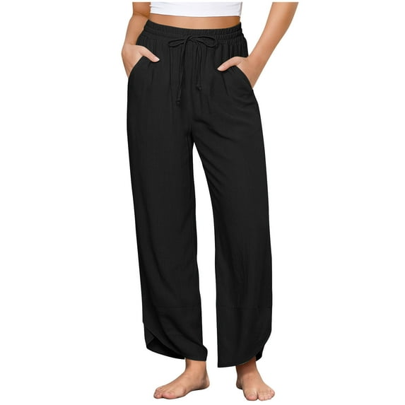 Diufon Cotton Linen Pants Women Summer Casual Drawstring Waist Pant Straight Leg Cropped Trouser with Pockets