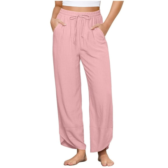 Diufon Cotton Linen Pants Women Summer Casual Drawstring Waist Pant Straight Leg Cropped Trouser with Pockets