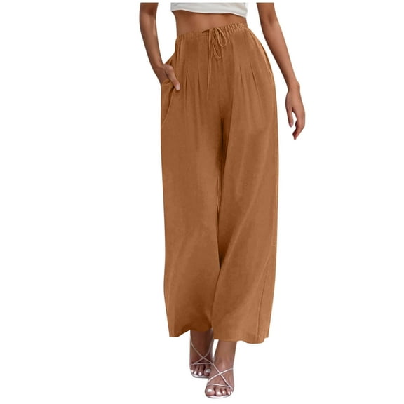 Diufon Cotton Linen Pants Women Summer Palazzo Wide Leg Beach Trousers with Pockets Ttrendy Flowy Pant