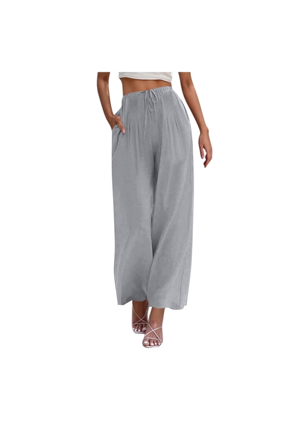 Cotton Linen Pants Women Summer Palazzo Wide Leg Beach Trousers with Pockets Ttrendy Flowy Pant