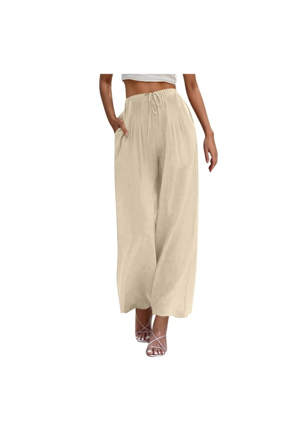 Cotton Linen Pants Women Summer Palazzo Wide Leg Beach Trousers with Pockets Ttrendy Flowy Pant