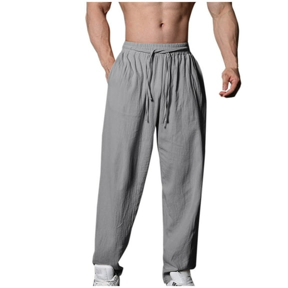 Diufon Cotton Linen Pants for Mens Solid Color Lounge Pants Elastic Waist Drawstring Sportspants