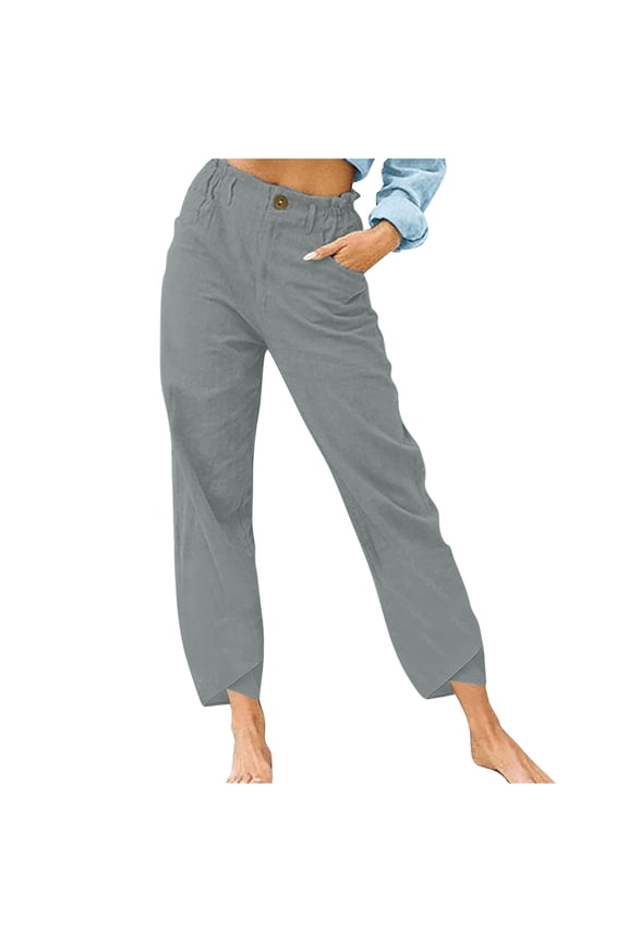 Cotton Linen Pants for Women Ruffle Elastic Waist Palazzo Pants Button Down Lounge Pants with Pockets