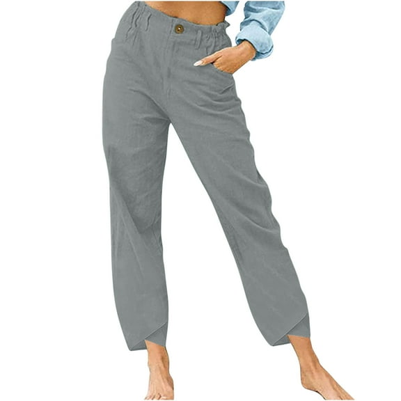 Diufon Cotton Linen Pants for Women Ruffle Elastic Waist Palazzo Pants Button Down Lounge Pants with Pockets