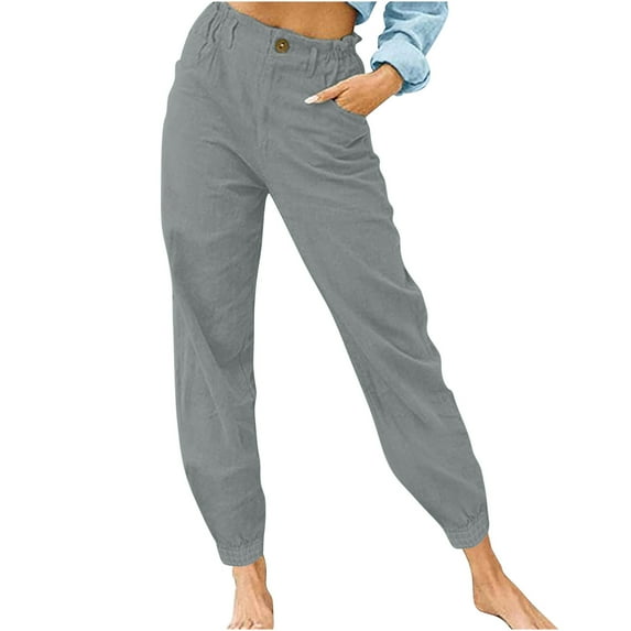 Diufon Cotton Linen Pants for Women Ruffle Elastic Waist Palazzo Pants Button Down Lounge Pants with Pockets