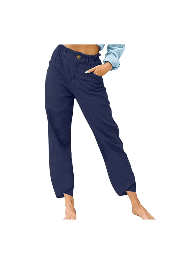 Cotton Linen Pants for Women Ruffle Elastic Waist Palazzo Pants Button Down Lounge Pants with Pockets