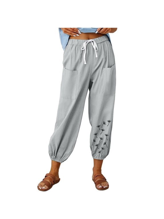 Cotton Linen Pants for Women Trendy Printed Pants Elastic Waist Drawstring Pants with Pockets