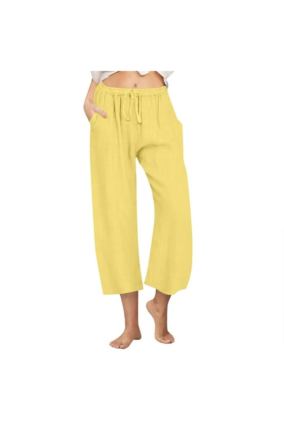 Cotton Linen Pants for Women Wide Leg Cropped Lounge Trousers Drawstring Elastic Waist Summer Beach Pant