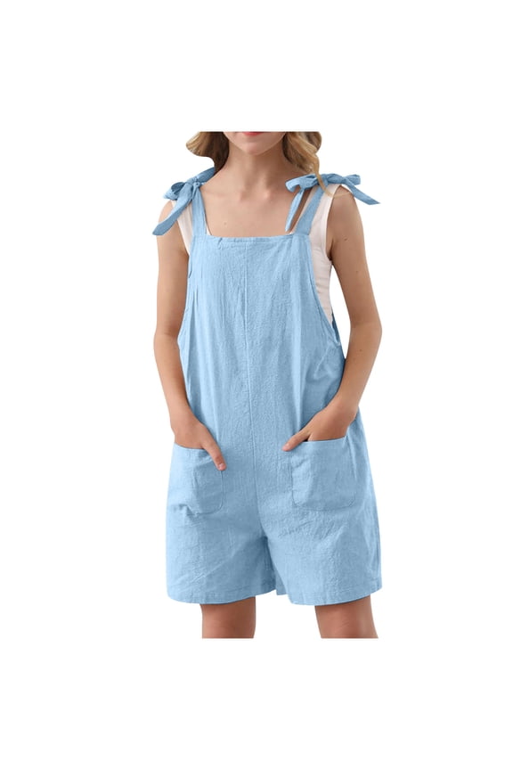 Cotton Linen Rompers for Girls Sleeveless Lace-Up Strap Solid Color Shorts with Pockets