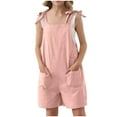 thumbnail image 1 of Diufon Cotton Linen Rompers for Girls Sleeveless Lace-Up Strap Solid Color Shorts with Pockets, 1 of 6