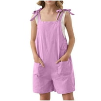 Diufon Cotton Linen Rompers for Girls Sleeveless Lace-Up Strap Solid Color Shorts with Pockets