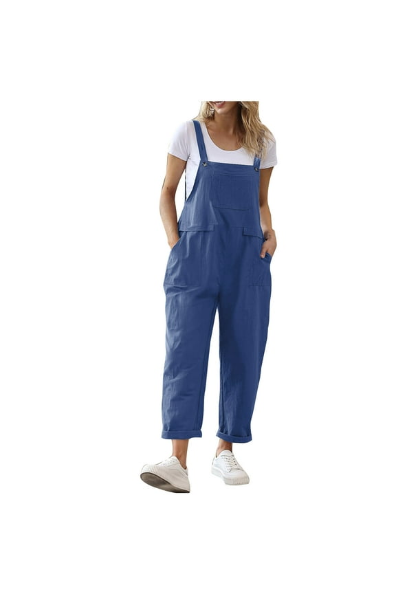 Cotton Linen Rompers for Women Solid Color Wide Leg Jumpsuit Pockets Sleeveless Button Playsuit