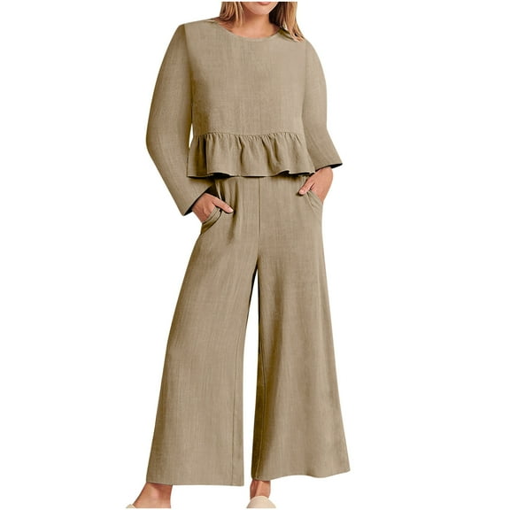 Diufon Cotton Linen Sets for Women Round Neck Long Sleeve Ruffle Hem Tops Wide Leg Pants with Pockets