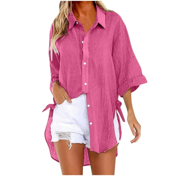 Diufon Cotton Linen Shirts Womens 3/4 Sleeve Side Hem Lace-Up Tops Solid Color Button Blouses