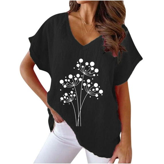 Diufon Cotton Linen Shirts for Women Short Sleeve V Neck Blouses Print Summer Tees Tops