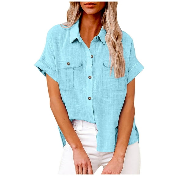Diufon Cotton Linen Shirts for Women Solid Color T-Shirts Short Sleeve Lapel Button Tees with Pockets