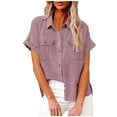 thumbnail image 1 of Diufon Cotton Linen Shirts for Women Solid Color T-Shirts Short Sleeve Lapel Button Tees with Pockets, 1 of 7