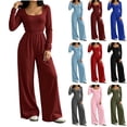thumbnail image 1 of Diufon Long Sleeve Jumpsuits for Women Back Zipper Elastic Waist Square Neck Wide Leg Overalls Going Out Fall Outfit, 1 of 8