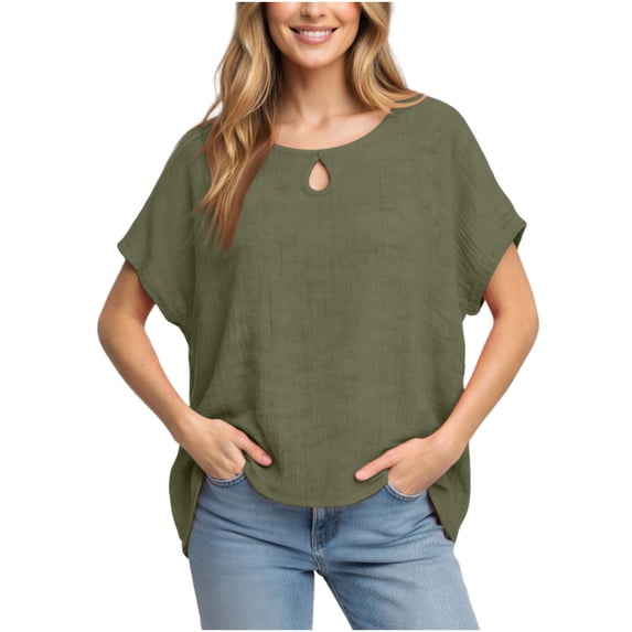 Diufon Cotton Linen Tees for Women Summer Casual Solid Color Tops Round Neck Short Sleeve T-Shirts