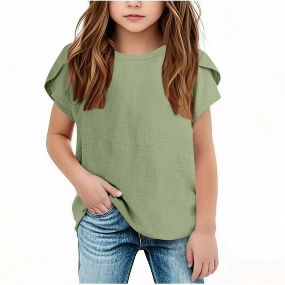 Diufon Cotton Linen Tops for Girls Summer Short Sleeve Crewneck Pullover Shirts Casual Loose Blouse