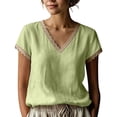 thumbnail image 1 of Diufon Cotton Linen Tops for Women Lace Trim V Neck Short Sleeve Shirts Summer Fashion Vacation Boho Blouses, 1 of 7