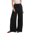 thumbnail image 1 of Diufon Cotton Linen Wide Leg Pants for Women Elastic Drawstring Lounge Pants with Pockets Solid Color Pants, 1 of 7