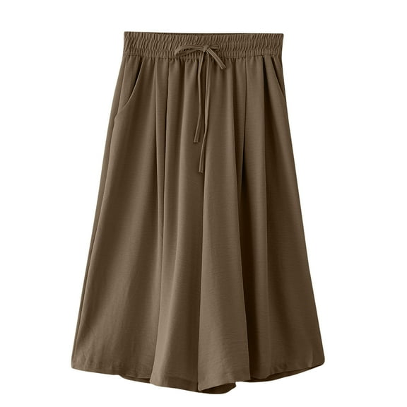 Diufon Cotton Linen Womens Capris Pants Solid Color Wide Leg Pants Elastic Waist Drawstring Pants