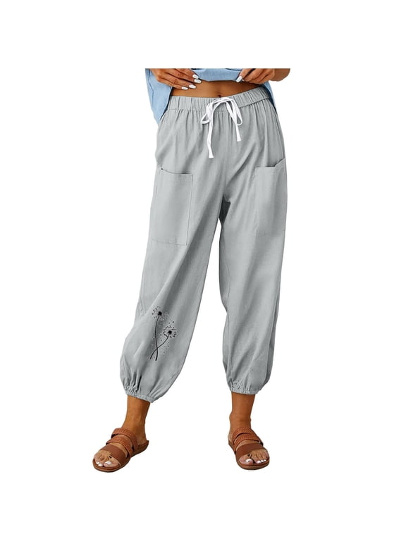 Cotton Linen Womens Pants Trendy Printed Lounge Pants Elastic Waist Drawstring Pants with Pockets