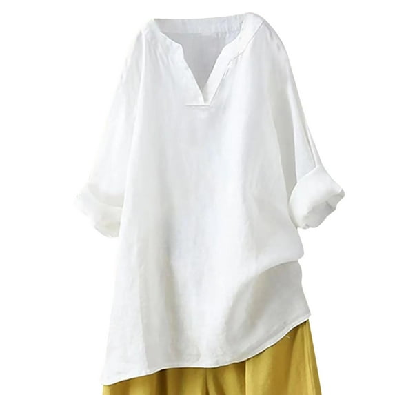 Diufon Cotton Linen Womens Shirts Plus Size Solid Color Tunics V Neck Long Sleeve Blouses