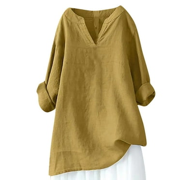 Diufon Cotton Linen Womens Shirts Plus Size Solid Color Tunics V Neck Long Sleeve Blouses