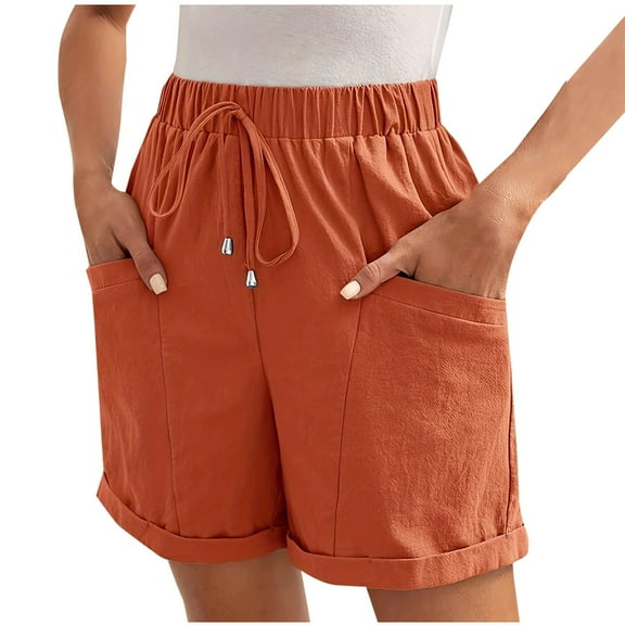 Diufon Cotton Linen Womens Shorts Solid Color Lounge Shorts Elastic Waist Drawstring Shorts with Pockets