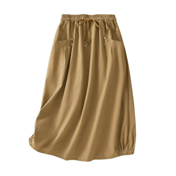 Diufon Cotton Linen Womens Skirts Solid Color Button Skirts Elastic Waist Skirts with Pockets