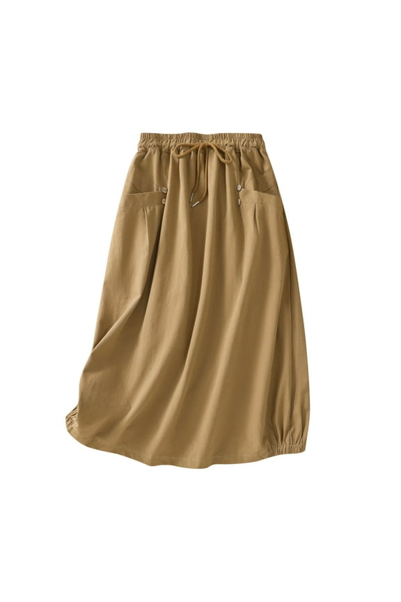 Cotton Linen Womens Skirts Solid Color Button Skirts Elastic Waist Skirts with Pockets