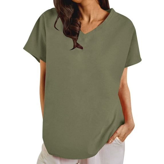 Tees for Women Oversized Cotton Linen Short Sleeve V Neck Basic Shirts Summer Casual Solid Color Tops