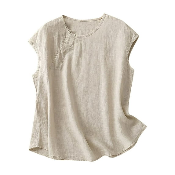 Diufon Cotton Linen Womens Tank Tops Summer Casual Solid Color Tunics Round Neck Sleeveless Tops