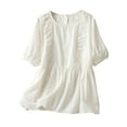 thumbnail image 1 of Diufon Cotton Linen Womens Tops Fall Casual Solid Color Blouses Round Neck Half Sleeve Tops, 1 of 7