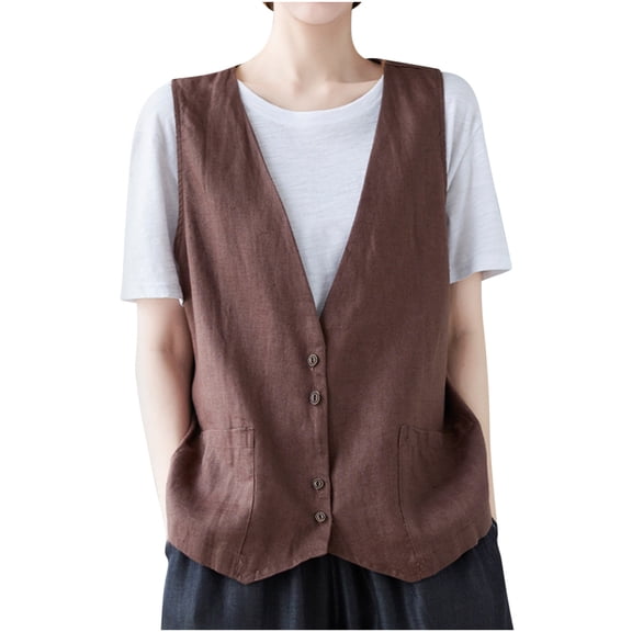 Diufon Cotton Linen Womens Vest V Neck Sleeveless Button Blouses Solid Color Casual Tops